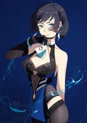 Rule 34 | 1girl, ace (playing card), ace of spades, ahoge, aqua eyes, bare shoulders, black gloves, black hair, blue background, breasts, card, cleavage, commentary request, cowboy shot, elbow gloves, genshin impact, gloves, grin, highres, holding, holding card, jijing zishui, large breasts, looking at viewer, parted lips, partial commentary, playing card, short hair, simple background, single glove, sleeveless, smile, solo, spade (shape), standing, yelan (genshin impact)