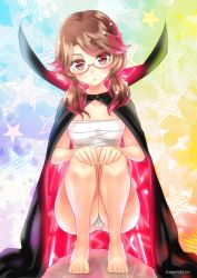 Rule 34 | 1girl, artist name, bandages, bare legs, barefoot, black cape, blue background, blush, breasts, brown eyes, brown hair, cape, chest sarashi, collarbone, commentary request, full body, fundoshi, glasses, green background, hands on own knees, head tilt, high collar, highres, japanese clothes, low twintails, multicolored background, no headwear, orange background, purple background, rainbow background, red-framed eyewear, red background, sarashi, sato-pon, short hair, small breasts, solo, squatting, star (symbol), starry background, strapless, swept bangs, thighs, touhou, tube top, twintails, twitter username, usami sumireko, yellow background
