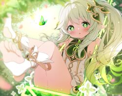 Rule 34 | + +, 1girl, :o, ass, bloomers, bracelet, braid, bug, butterfly, cape, cross-shaped pupils, detached sleeves, dress, feet, g4ku, genshin impact, gold trim, gradient hair, green cape, green eyes, green hair, green sleeves, hair ornament, highres, insect, jewelry, leaf hair ornament, long hair, multicolored hair, nahida (genshin impact), no panties, pointy ears, side braid, side ponytail, sitting, sleeveless, sleeveless dress, soles, stirrup footwear, symbol-shaped pupils, thighs, toeless footwear, toes, underwear, white bloomers, white dress, white footwear, white hair