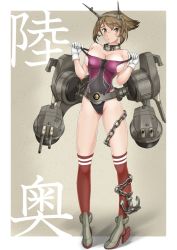 Rule 34 | 10s, 1girl, alternate costume, breasts, chain, cleavage, clothes pull, collarbone, competition swimsuit, full body, gloves, green hair, grey background, headgear, high heels, highleg, highres, kantai collection, large breasts, looking at viewer, mashinatsu, mutsu (kancolle), one-piece swimsuit, one-piece swimsuit pull, open mouth, outside border, red legwear, rudder footwear, shadow, short hair, solo, striped, swimsuit, turret, white gloves