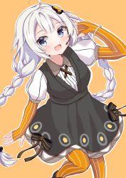 Rule 34 | 1girl, absurdres, ahoge, black dress, blue eyes, bracelet, braid, commentary, dress, elbow gloves, feet out of frame, fingerless gloves, gloves, hair ornament, hand in own hair, hand up, headset, highres, jewelry, kizuna akari, light blush, long hair, looking to the side, open mouth, orange background, orange gloves, orange legwear, pantyhose, puffy short sleeves, puffy sleeves, short sleeves, solo, sosoru, star (symbol), star print, striped clothes, striped pantyhose, twin braids, vertical-striped clothes, vertical-striped pantyhose, very long hair, vocaloid, voiceroid, white hair