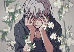 Rule 34 | 1boy, absurdres, black hoodie, blurry, blurry foreground, collarbone, commentary request, flower, flower request, grey background, grey eyes, grey hair, hands up, highres, holding head, hood, hood down, hoodie, kankara nashi, looking at viewer, male focus, original, parted lips, rain, short hair, sleeves rolled up, solo, twitter username, upper body, white flower