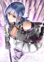 Rule 34 | &gt;:), 1girl, armor, asymmetrical hair, bare shoulders, blue eyes, blue hair, breasts, cleavage, closed mouth, detached sleeves, dress, gauntlets, gloves, greaves, hand on own hip, highres, holding, holding sword, holding weapon, large breasts, leaning forward, long hair, looking at viewer, magic circle, original, purple eyes, purple gloves, shisshou senkoku, single gauntlet, smile, solo, standing, sword, v-shaped eyebrows, weapon