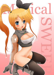 Rule 34 | blonde hair, blue eyes, bottomless, gloves, orange hair, side ponytail, solo, thighhighs, twintails, uneven twintails