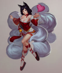 Rule 34 | 1girl, ahri (league of legends), animal ears, bare shoulders, black hair, breasts, cleavage, collarbone, covered navel, detached sleeves, facial mark, fox ears, fox tail, full body, grey background, heart, highres, korean clothes, league of legends, leg ribbon, leg up, lips, long hair, looking at viewer, multiple tails, nail polish, neck ribbon, nose, parted lips, realistic, red nails, ribbon, simple background, slit pupils, solo, tail, whisker markings, yellow eyes, ying shi de xia yeji