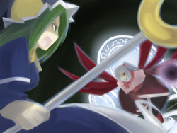 Rule 34 | 2girls, angry, black background, blue dress, crescent, crescent moon, dress, from side, green eyes, green hair, grey hair, hair bobbles, hair ornament, hat, holding, holding weapon, long sleeves, mima (touhou), moon, morino harifu, multiple girls, multiple wings, profile, red eyes, shaded face, shinki (touhou), side ponytail, simple background, staff, touhou, touhou (pc-98), weapon, wings