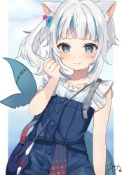 Rule 34 | 1girl, :3, animal ear fluff, animal ears, arm at side, bag, blue eyes, blue hair, blue skirt, blunt bangs, blush, buttons, cat ears, clenched hand, closed mouth, cube hair ornament, fang, fang out, fins, fish tail, frilled sleeves, frills, gawr gura, gawr gura (casual), grey hair, hair ornament, handbag, highres, hololive, hololive english, looking at viewer, medium hair, multicolored hair, official alternate costume, official alternate hairstyle, rojineco nene, shark tail, shirt, short sleeves, side ponytail, signature, skirt, skirt set, smile, solo, streaked hair, suspenders, tail, upper body, virtual youtuber, white shirt