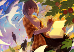 Rule 34 | 1boy, 1girl, black dress, book, brown hair, cat, closed mouth, dress, dutch angle, fig, food, formal, fringe trim, fruit, hachijou asa, highres, holding, holding book, holding food, holding fruit, open book, original, plaid, ribbed sweater, shark, shawl, sitting, solo focus, standing, suit, sweater, turtleneck, turtleneck sweater, yellow eyes