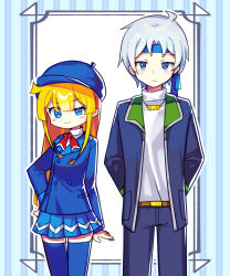 Rule 34 | 1boy, 1girl, :3, absurdres, alternate costume, black pants, blonde hair, blue eyes, blue headwear, blue skirt, blue thighhighs, blush, closed mouth, expressionless, grey hair, highres, long hair, long sleeves, looking at viewer, offbeat, pants, pleated skirt, puyopuyo, schezo wegey, short hair, skirt, smile, thighhighs, witch (puyopuyo)