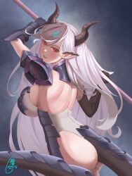 Rule 34 | breasts, dragon girl, dragon horns, dragon tail, holding, holding weapon, horns, large breasts, looking at viewer, luna (epic seven), maskiy, pointy ears, red eyes, tail, weapon