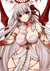 Rule 34 | 1girl, absurdres, armlet, bare shoulders, belly chain, blush, body markings, bracelet, breasts, cleavage, colored skin, dress, durga (fate), earrings, facial mark, fate/grand order, fate (series), forehead mark, gradient skin, grey hair, hair ribbon, highres, izumi minami, jewelry, large breasts, long hair, looking at viewer, open mouth, pelvic curtain, red eyes, red skin, revealing clothes, ribbon, sash, snake, solo, thighs, very long hair, weapon, white dress
