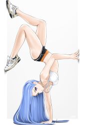Rule 34 | 1girl, bae minah (chaesu), blue hair, chaesu, handstand, highres, legs, one arm handstand, original, shorts, tank top, upside-down, white tank top