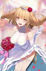 Rule 34 | 1girl, absurdres, alternate costume, blonde hair, blush, breasts, dress, drill hair, flower, garter straps, gloves, highres, jewelry, kage no jitsuryokusha ni naritakute!, large breasts, leaning forward, legs, long hair, looking at viewer, official alternate costume, ring, rose oriana, short hair, smile, solo, thighs, wedding dress, yellow eyes