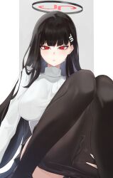 Rule 34 | 1girl, absurdres, black hair, black pantyhose, blue archive, blush, breasts, chankuro, hair ornament, hairclip, halo, highres, large breasts, long hair, long sleeves, looking at viewer, pantyhose, red eyes, ribbed sweater, rio (blue archive), solo, sweater, thighs, turtleneck, turtleneck sweater, white sweater