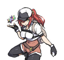 Rule 34 | 1girl, belt, breasts, fate/grand order, fate (series), fingerless gloves, fujimaru ritsuka (female), gloves, hair over one eye, hat, jacket, long hair, looking at viewer, medium breasts, pants, pokemon, pokemon go, ponytail, red hair, shoes, solo, yellow eyes