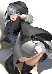 Rule 34 | 1girl, ass, black thighhighs, blush, breasts, cape, cloak, fate (series), fur trim, gray (fate), green eyes, grey hair, hair between eyes, highres, hood, hood up, long sleeves, looking at viewer, looking back, lord el-melloi ii case files, medium breasts, open mouth, pyz (cath x tech), solo, squirting liquid, thighhighs, thighs, water