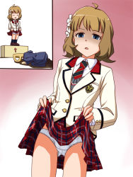 Rule 34 | 1girl, arrow (symbol), blazer, blue eyes, box, brown hair, closed eyes, clothes lift, commentary request, cowboy shot, crotch seam, diagonal-striped clothes, diagonal-striped necktie, dress shirt, emblem, empty eyes, flower, frown, grey sweater, hair flower, hair ornament, idolmaster, idolmaster million live!, idolmaster million live! theater days, jacket, lielos, lifted by self, looking at viewer, miniskirt, necktie, open mouth, p-head producer, panties, plaid, plaid skirt, pleated skirt, producer (idolmaster), red skirt, school uniform, shaded face, shirt, short hair, sitting, skirt, skirt lift, striped clothes, suou momoko, sweater, two-tone background, underwear, uniform series (idolmaster), v-neck, white jacket, white panties, white shirt, wing collar