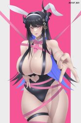 Rule 34 | 1girl, areola slip, asymmetrical horns, black hair, blue hair, breasts, hololive, hololive english, horn ornament, horns, large breasts, leotard, long hair, mole, mole under eye, multicolored hair, necktie, nerissa ravencroft, playboy bunny, rabbit ears, rabbit hole (vocaloid), red eyes, ribbon, thigh strap, thighs, uneven horns, v, virtual youtuber