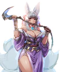 Rule 34 | animal ear fluff, animal ears, bare shoulders, belt, bow (bhp), breasts, chain, cleavage, closed mouth, fox ears, fox tail, grey hair, holding, holding chain, holding sickle, holding weapon, japanese clothes, jewelry, kimono, kitsune, kusarigama, large breasts, magatama, magatama necklace, mole, mole under eye, necklace, ninja, original, purple kimono, red eyes, rope belt, sickle, simple background, sketch, solo, tail, weapon, white background