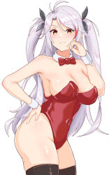 Rule 34 | 1girl, antenna hair, azur lane, bare shoulders, bow, bowtie, breasts, chopin oekaki, covered navel, cowboy shot, detached collar, grey hair, highleg, highleg leotard, highres, large breasts, leotard, long hair, mole, mole on breast, multicolored hair, orange eyes, playboy bunny, prinz eugen (azur lane), red hair, red leotard, solo, strapless, strapless leotard, streaked hair, thighhighs, traditional bowtie, two side up, white hair, wrist cuffs