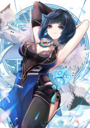 Rule 34 | 1girl, armpits, arms behind head, arms up, black gloves, black hair, blunt bangs, breasts, brooch, cleavage, commentary request, cowboy shot, dice, elbow gloves, fur-trimmed jacket, fur trim, genshin impact, gloves, green eyes, highres, jacket, jewelry, large breasts, looking at viewer, minksama, mole, mole on breast, partial commentary, short hair, sleeveless, smile, solo, thighs, white jacket, yelan (genshin impact)