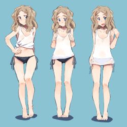 Rule 34 | 1girl, :d, barefoot, bikini, bikini bottom only, blue eyes, blush, breasts, brown hair, character sheet, chibikko (morihito), covered erect nipples, eyebrows, long hair, morihito, multiple views, navel, no pants, open mouth, original, see-through, shirt, side-tie bikini bottom, simple background, sketch, small breasts, smile, swimsuit, tank top, thick eyebrows, thighs, tied shirt