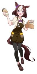 Rule 34 | 1girl, absurdres, alternate costume, animal ears, apron, black pants, blush, bow, braid, brown apron, brown footwear, brown hair, commentary, cup, ear bow, french braid, full body, highres, holding, holding cup, horse ears, horse girl, horse tail, hyanyon, loafers, looking at viewer, multicolored hair, open mouth, pants, purple bow, purple eyes, shirt, shoes, short hair, simple background, sleeves rolled up, smile, solo, special week (umamusume), streaked hair, tail, twitter username, umamusume, white background, white hair, white shirt