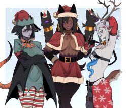 Rule 34 | 3girls, absurdres, animal ears, antlers, arm up, ayana (milkytiddyboy), bat girl, bell, belt, belt collar, black belt, black ears, black hair, black panties, black pantyhose, blue background, borrowed character, breasts, capelet, chest mouth, christmas, collar, colored skin, commentary, crossed arms, dark-skinned female, dark skin, deer tail, dog ears, english commentary, extra mouth, facial mark, fangs, hand on own hip, hat, highres, horns, large breasts, looking ahead, lowleg, lowleg pants, medium hair, mimi (milktiddyboy), monster girl, multiple girls, neck bell, no bra, no shirt, nyvee (milkytiddyboy), open mouth, original, panties, pants, pantyhose, porqueloin, purple eyes, purple lips, purple skin, red capelet, red eyes, red skirt, reindeer antlers, ribbon, santa hat, simple background, skirt, small breasts, snowing, striped clothes, striped pantyhose, tail, tongue, tongue out, underboob, underwear, white hair, winged arms, wings