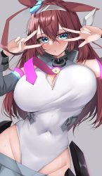 Rule 34 | 1girl, absurdres, ahoge, animal ears, blue eyes, breasts, brown hair, cleavage cutout, closed mouth, clothing cutout, covered navel, double v, grey background, highres, horse ears, horse girl, kshimu, large breasts, long hair, mihono bourbon (umamusume), necktie, pink necktie, pout, silver hairband, simple background, solo, sweat, umamusume, v