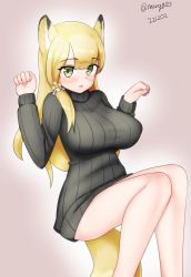 Rule 34 | 1girl, absurdres, animal ears, blonde hair, blunt bangs, breasts, dated, feet out of frame, fox ears, fox tail, gradient background, green eyes, grey sweater, highres, kantai collection, kemonomimi mode, large breasts, long hair, maru (marg0613), navy cross, no eyewear, northampton (kancolle), one-hour drawing challenge, paw pose, pink background, ribbed sweater, solo, sweater, tail, turtleneck, turtleneck sweater, twitter username