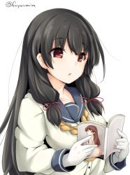 Rule 34 | 10s, 1girl, ass, back, black hair, blush, book, breasts, brown eyes, brown hair, commentary request, covering privates, covering breasts, from behind, fuyu mi, gloves, hair ornament, hair ribbon, holding, holding book, isokaze (kancolle), kantai collection, large breasts, long hair, long sleeves, looking at viewer, looking back, manga (object), nude, ooi (kancolle), open book, open mouth, reading, red eyes, red ribbon, ribbon, sailor collar, school uniform, serafuku, shirt, simple background, sitting, solo, tress ribbon, twitter username, upper body, white background, white gloves, white shirt
