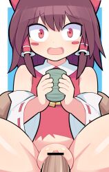Rule 34 | 1boy, 1girl, ascot, bar censor, blue background, blush, blush stickers, bow, brown hair, censored, commentary, cookie (touhou), cowboy shot, cup, detached sleeves, dress, frilled hair tubes, frills, hair bow, hair tubes, hakurei reimu, hetero, holding, holding cup, hospital king, long hair, medium bangs, open mouth, penis, pussy, red bow, red dress, red eyes, reu (cookie), ribbon-trimmed sleeves, ribbon trim, sex, shiny skin, sidelocks, sleeveless, sleeveless dress, solo focus, textless version, touhou, two-tone background, vaginal, white background, white sleeves, yellow ascot, yunomi