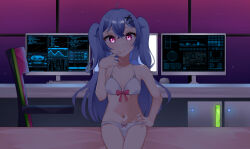 Rule 34 | 1girl, :p, absurdres, ahoge, armpits, bed, belly, blue hair, bow, bow panties, bra, breasts, chair, chiaki katsumi, commission, desk, hair ornament, hairclip, highres, indoors, keyboard (computer), looking at viewer, monitor, mouse (computer), navel, panties, pink eyes, pixellink, ribbon, small breasts, solo, thighs, tongue, tongue out, underwear, underwear only, virtual youtuber, white bra, white panties