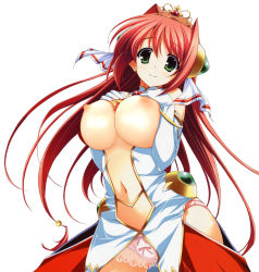 Rule 34 | 1girl, breast suppress, breasts, breasts out, center opening, daiuchuu no hokori, diadem, green eyes, hair ornament, highres, huge breasts, large breasts, long hair, midriff, miria do arcadia, navel, nipples, no bra, open clothes, panties, red hair, simple background, smile, solo, tiara, underwear, white background, yuuki hagure