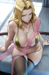 Rule 34 | 1girl, absurdres, bare shoulders, bikini, bleach, blonde hair, blue eyes, breasts, cleavage, collarbone, crossed legs, gold bikini, highres, jewelry, katana, large breasts, long hair, looking at viewer, matsumoto rangiku, necklace, parted bangs, sitting, solo, swimsuit, sword, thighhighs, thighs, weapon, yoshio (55level)