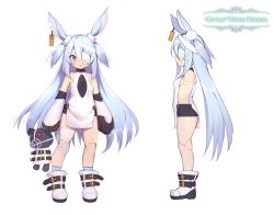Rule 34 | 1girl, animal ears, bandage over one eye, bandaged leg, bandages, bike shorts, black shorts, blue eyes, blue hair, blush, boots, breasts, character sheet, copyright name, doll joints, ear tag, elbow gloves, full body, gloves, highres, joints, legs, linmiu (smilemiku), little witch nobeta, long hair, monica (little witch nobeta), official art, open mouth, rabbit ears, short shorts, shorts, sideboob, simple background, small breasts, socks, solo, striped clothes, striped footwear, stuffed animal, stuffed toy, tabard, teddy bear, thighs, two side up, very long hair, white background, white footwear, white gloves, white tabard