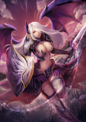 Rule 34 | 1girl, armor, armored dress, bad id, bad pixiv id, bat wings, battlefield, breasts, center opening, cleavage, closed mouth, fantasy, garter straps, grasslands, greaves, hair over one eye, holding, holding sword, holding weapon, horns, knight, large breasts, light particles, long hair, looking at viewer, navel, orange eyes, original, pauldrons, planted, planted sword, planted weapon, puuzaki puuna, ribs, shield, shoulder armor, single horn, skull, solo, stomach, sword, thighhighs, weapon, white hair, wings