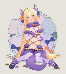 Rule 34 | 1girl, abigail williams (fate), animal ears, bad id, bad pixiv id, bare shoulders, blonde hair, blue eyes, blush, bow, breasts, candy, cleavage, cosplay, elbow gloves, fate/grand order, fate (series), food, forehead, fur-trimmed gloves, fur-trimmed legwear, fur collar, fur trim, gloves, hair bow, highres, lace, lace-trimmed legwear, lace trim, long hair, looking at viewer, mash kyrielight, mash kyrielight (dangerous beast), mash kyrielight (dangerous beast) (cosplay), multiple bows, navel, o-ring, official alternate costume, open mouth, orange bow, pacoske, parted bangs, purple bow, purple gloves, purple thighhighs, revealing clothes, sidelocks, sitting, small breasts, tail, thighhighs, wolf ears, wolf tail
