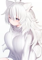 Rule 34 | 1girl, ahoge, animal ears, blush, closed mouth, commentary, dog ears, dog girl, dog tail, dress, grey background, hair between eyes, highres, long hair, looking at viewer, mofuaki, original, purple eyes, ribbed sweater, samoyed (mofuaki), silver hair, simple background, sitting, solo, sweater, sweater dress, tail, thick eyebrows, turtleneck, turtleneck sweater, very long hair, white sweater