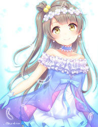 Rule 34 | 1girl, blue ribbon, dress, earrings, feathers, frills, gloves, grey hair, hair bobbles, hair ornament, head wreath, hirako, jewelry, long hair, looking at viewer, love live!, love live! school idol festival, love live! school idol project, minami kotori, off-shoulder dress, off shoulder, one side up, ribbon, skirt hold, smile, solo, sparkle, twitter username, yellow eyes, yume no tobira