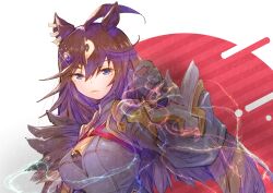 Rule 34 | 1girl, ahoge, animal ears, black feathers, black gloves, brown hair, commentary request, duramente (umamusume), ear ornament, feathers, gloves, hair between eyes, highres, horse ears, horse girl, light brown hair, light trail, long hair, looking at viewer, medium request, purple eyes, solo, umamusume, upper body, usapenpen2019, white background