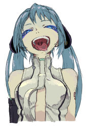 Rule 34 | 00s, 1girl, :d, bad id, bad pixiv id, bare shoulders, blue eyes, blue hair, drooling, glowing, glowing eyes, hatsune miku, highres, kotoyama, long hair, looking at viewer, matching hair/eyes, open mouth, oral invitation, saliva, saliva trail, simple background, sleeveless, smile, solo, teeth, twintails, upper body, uvula, vocaloid, white background
