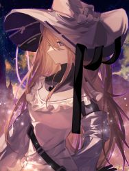 Rule 34 | 1girl, alternate costume, arknights, bare shoulders, belt, breasts, brown hair, cleavage, detached collar, dress, frilled dress, frills, hat, highres, indigo (arknights), jewelry, light particles, long hair, long sleeves, looking at viewer, necklace, off-shoulder dress, off shoulder, photoshop (medium), purple eyes, sky, solo, upper body, very long hair, white dress, white hat