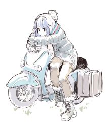 Rule 34 | 1girl, air qh, bad id, bad twitter id, beanie, blue hair, boots, coat, hat, highres, jitome, motor vehicle, pants, scarf, scooter, shima rin, short hair, striped clothes, striped scarf, white background, winter clothes, yurucamp