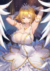 Rule 34 | 10s, 1girl, ;p, armpits, arms up, blonde hair, blue eyes, blush, breasts, cleavage, cross-laced clothes, detached sleeves, dress, feathered wings, feathers, frilled dress, frills, gloves, huge breasts, jewelry, looking at viewer, necklace, one eye closed, pearl necklace, raijuu (bakanara), ryouna (senran kagura), senran kagura, senran kagura shinovi versus, short hair, sideboob, smile, solo, tiara, tongue, tongue out, white dress, white gloves, white wings, wings
