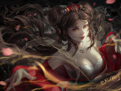 Rule 34 | 1girl, bare shoulders, breasts, brown eyes, brown hair, claparo, cleavage, fingernails, guqin sona, hair ornament, jewelry, league of legends, lipstick, long fingernails, long hair, makeup, nail polish, necklace, pearl necklace, see-through, solo, sona (league of legends), very long hair, watermark
