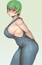 Rule 34 | 1girl, absurdres, arms behind back, blue overalls, blush, breasts, covered erect nipples, cowboy shot, foo fighters (jojo), gradient background, green eyes, green hair, grey background, hair between eyes, highres, jojo no kimyou na bouken, large breasts, looking at viewer, ohthicc, othicc, overalls, short hair, sideboob, solo, stone ocean