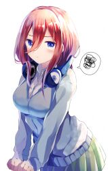 Rule 34 | 1girl, :t, blue eyes, blush, breasts, brown hair, cardigan, collared shirt, frown, go-toubun no hanayome, hair between eyes, headphones, headphones around neck, highres, large breasts, long hair, long hair between eyes, long sleeves, looking at viewer, mani (second-dimension), nakano miku, pleated skirt, shirt, skirt, solo, spoken squiggle, squiggle