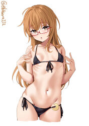 Rule 34 | 1girl, alternate costume, bikini, black bikini, blush, breasts, brown eyes, brown hair, collarbone, cowboy shot, crescent, crescent pin, ebifurya, hair between eyes, highres, kantai collection, long hair, looking at viewer, mochizuki (kancolle), navel, one-hour drawing challenge, open mouth, red-framed eyewear, simple background, small breasts, solo, swimsuit, twitter username, white background