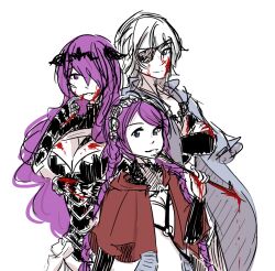 Rule 34 | 1boy, 2girls, ahoge, alternate hair color, blood, braid, breasts, camilla (fire emblem), capelet, cleavage, eyepatch, family, father and daughter, fire emblem, fire emblem fates, hair over one eye, highres, hood, hood down, hooded capelet, large breasts, low twin braids, matching hair/eyes, mother and daughter, multiple girls, niles (fire emblem), nina (fire emblem), nintendo, o-ring, parted bangs, purple eyes, purple hair, twin braids, white hair, zzsleeps